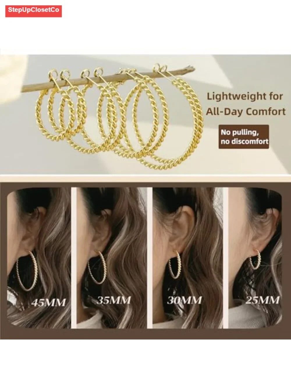 18K Gold Plated Twisted Hoop Earrings, Hypoallergenic 925 Sterling Silver Post,
